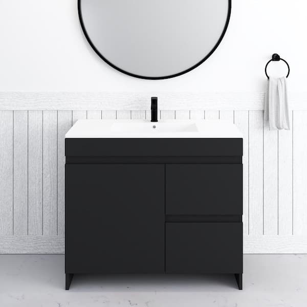 VOLPA USA AMERICAN CRAFTED VANITIES Mace 40 in. W x 18 in. D x 34 in. H Bath Vanity in Black with White Ceramic Top and Right-Side Drawers