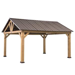 13 ft. x 15 ft. Outdoor Patio Hardtop Gazebo, Wooden Frame Metal Gazebo with Brown Steel Gable Roof, Suitable for Patios