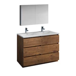 Lazzaro 48 in. Modern Double Bathroom Vanity in Rosewood with Vanity Top in White with White Basins and Medicine Cabinet