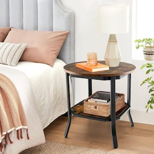 2-Tier 19.5 in. W Sofa End Side Table Nightstand Round Tabletop for Living Room Brown
