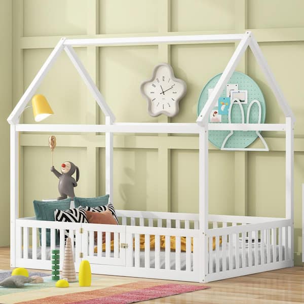 Harper & Bright Designs White Full Size Wood House Bed with Fence and Door