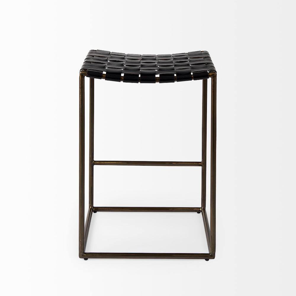 Front view of black woven leather counter stool with gold frame.
