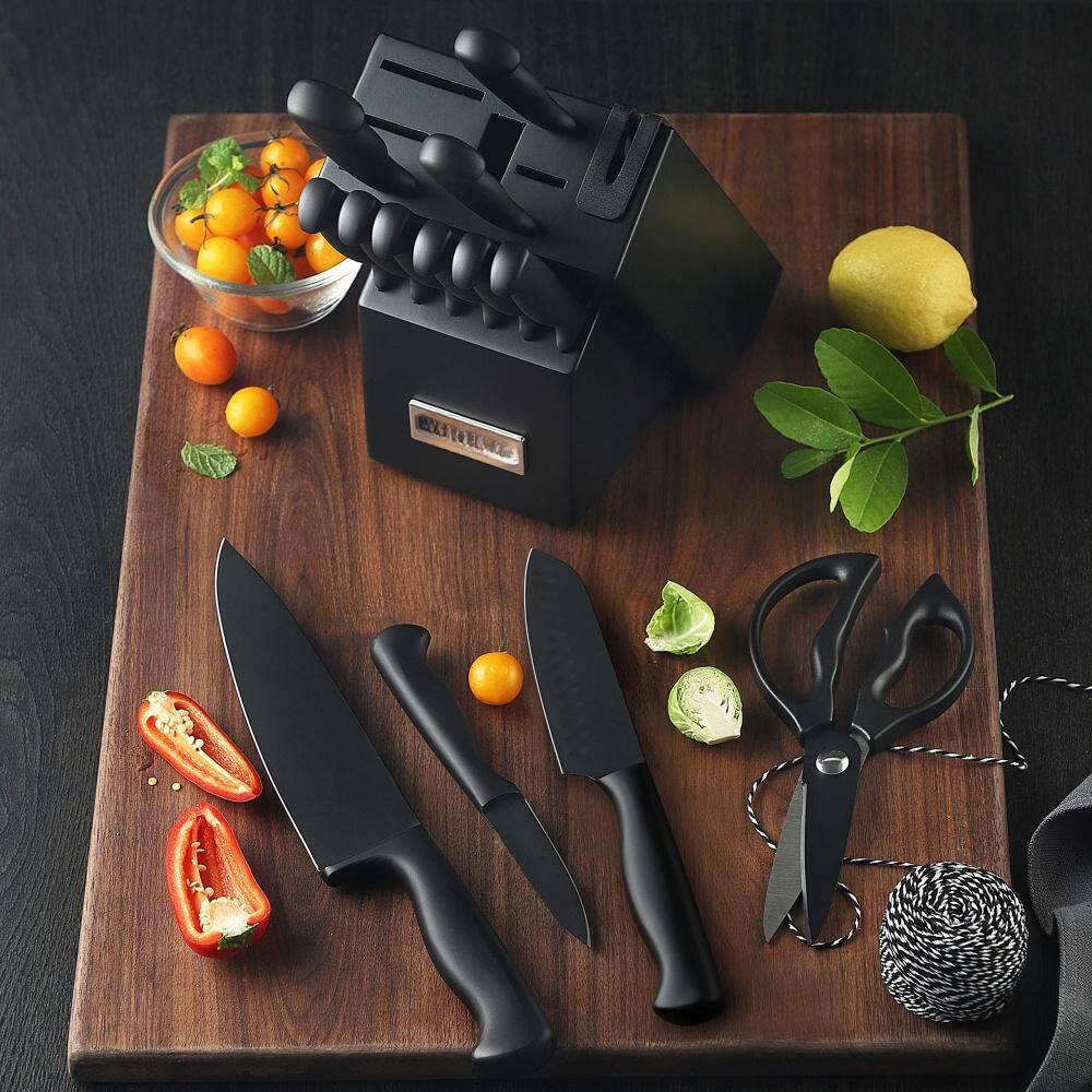 15-Piece Stainless Steel Kitchen Knife Sets with Knife Block and Built-in Sharpener, Black