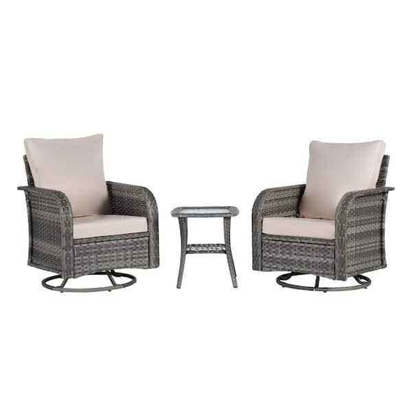 BFB 3-Piece Patio Wicker Swivel Chair Outdoor Bistro Set with Side Table, Khaki Cushions