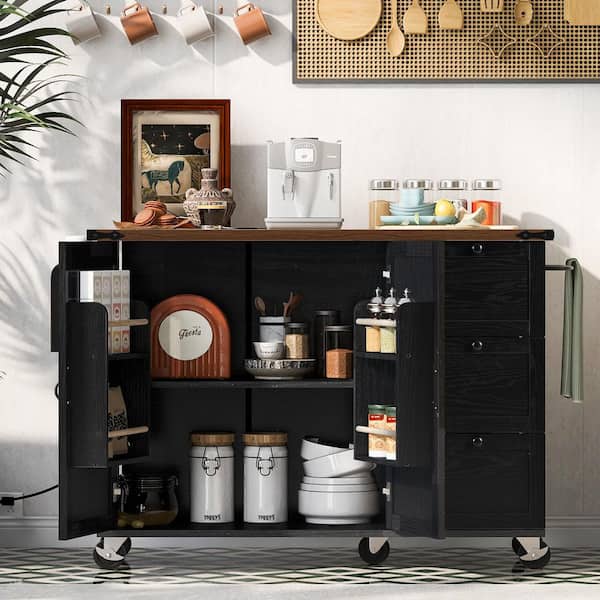 Farmhouse Black Wood 54.5 in. Kitchen Island Cart with Power Outlet, Internal Storage Racks, Drop Leaf and Wheels