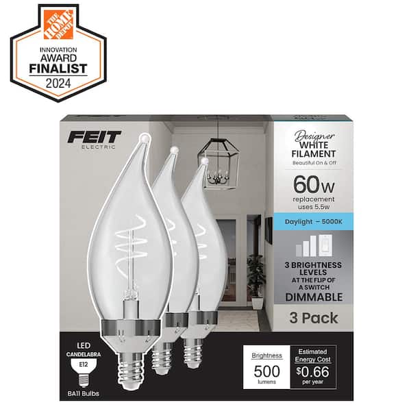 60W Equivalent BA11 E12 Candelabra Switch to Dim White Filament Clear Chandelier LED Light Bulb, Daylight 5000K (3-Pack)