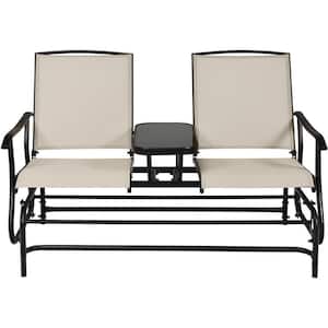 57 in. W 2-Person Metal Outdoor Glider Bench Double Rocker Chair with Center Table, Beige