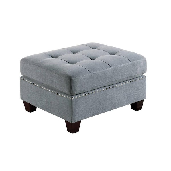 Benjara Gray Linen Square Accent Ottoman