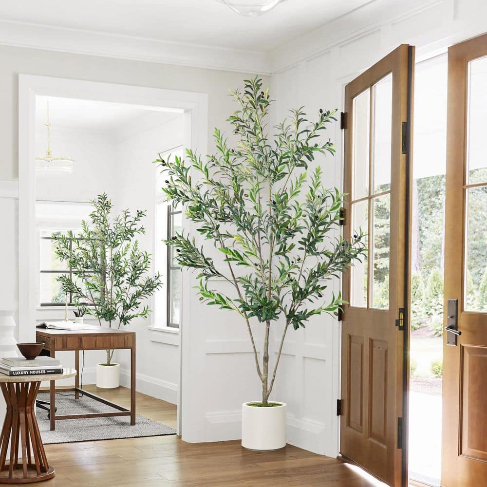 HOMEIBRO 2-Pack of 8 ft. Artificial Olive Trees in White Planters