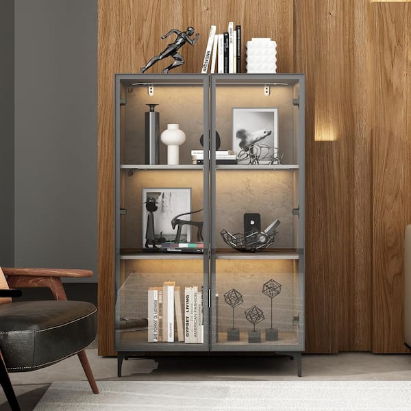 FUFU&GAGA 46.1 in. Tall Grey Wood 3-Shelf Accent Bookcase