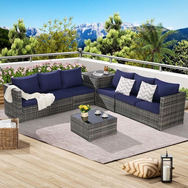 6-Piece Gray Wicker L-Shaped Outdoor Sectional Sofa Set with Dark Blue Cushions, corner table, 1 Glass Top Table