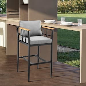 Wiglaf 30 in. Bar Height Aluminum and Teak Outdoor Bar Stool with Grey Cushions
