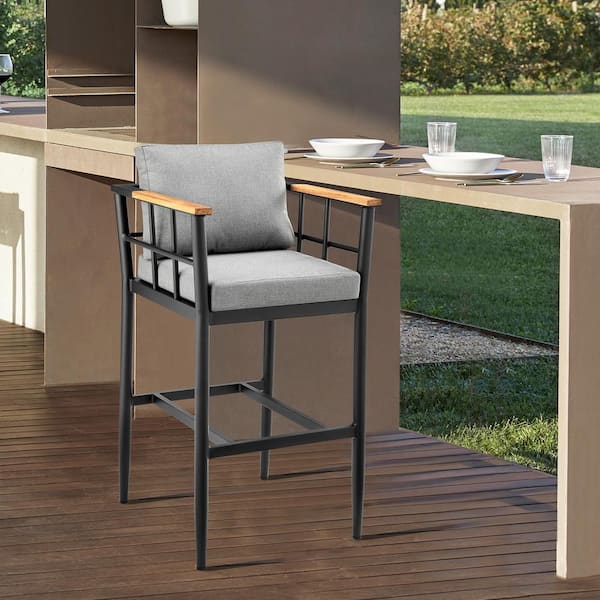 Armen Living Wiglaf 30 in. Bar Height Aluminum and Teak Outdoor Bar Stool with Grey Cushions
