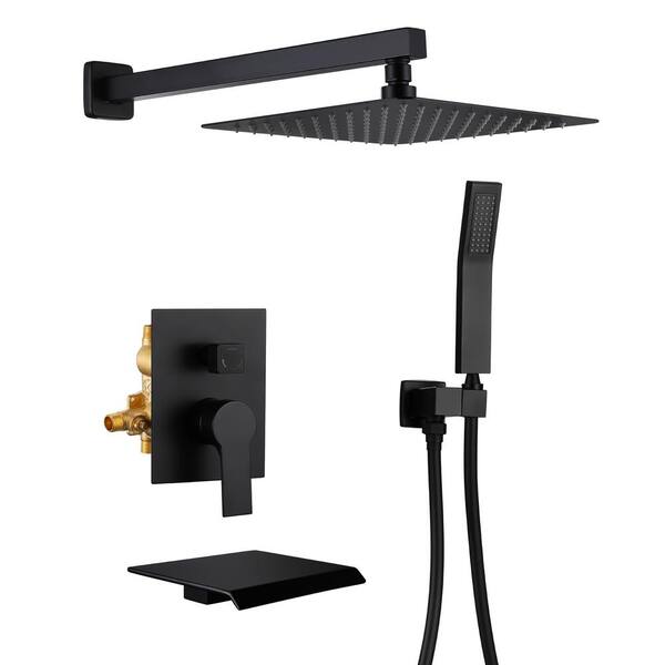 Inner Decor Karl 1-Spray Patterns 10 in. Wall Mount Rainfall Dual Shower Heads with Tub Faucet Anti-Microbial Nozzles in Black
