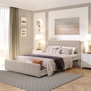 62.8 in. Width Beige Queen Size Platform Bed with Big Drawer, Metal Adult Bed Frame with Tufted Headboard and Footboard
