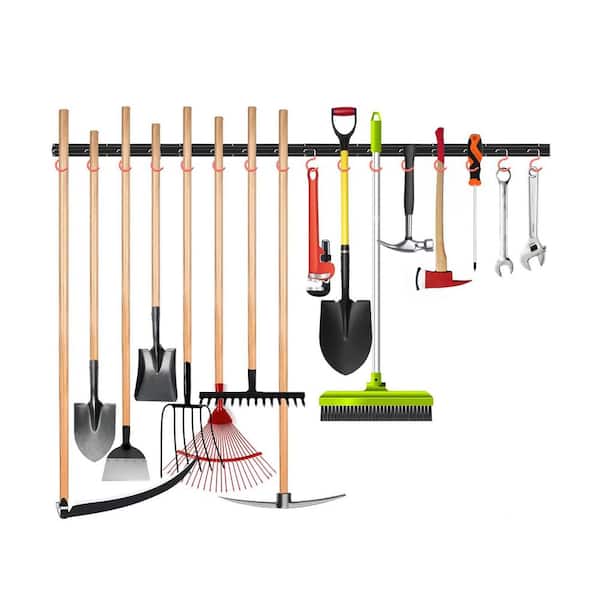 Garage Organizer Series 2.56 in. x 64 in. Black Metal Space Saving Heavy Duty Wall Rack with 4-Rails 16-Hooks for Tools