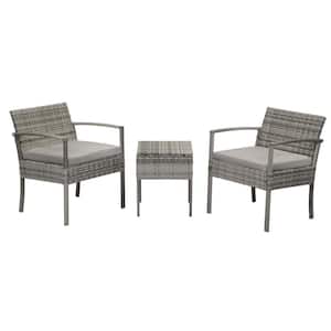 3-Piece Gray Wicker Outdoor Bistro Table with Gray Cushions and 2-Chairs for Backyard, Poolside, Garden