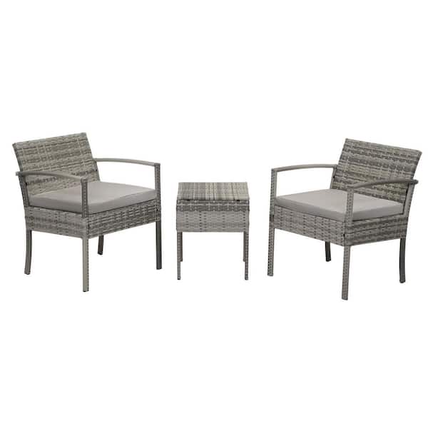 Zeus & Ruta 3-Piece Gray Wicker Outdoor Bistro Table with Gray Cushions and 2-Chairs for Backyard, Poolside, Garden