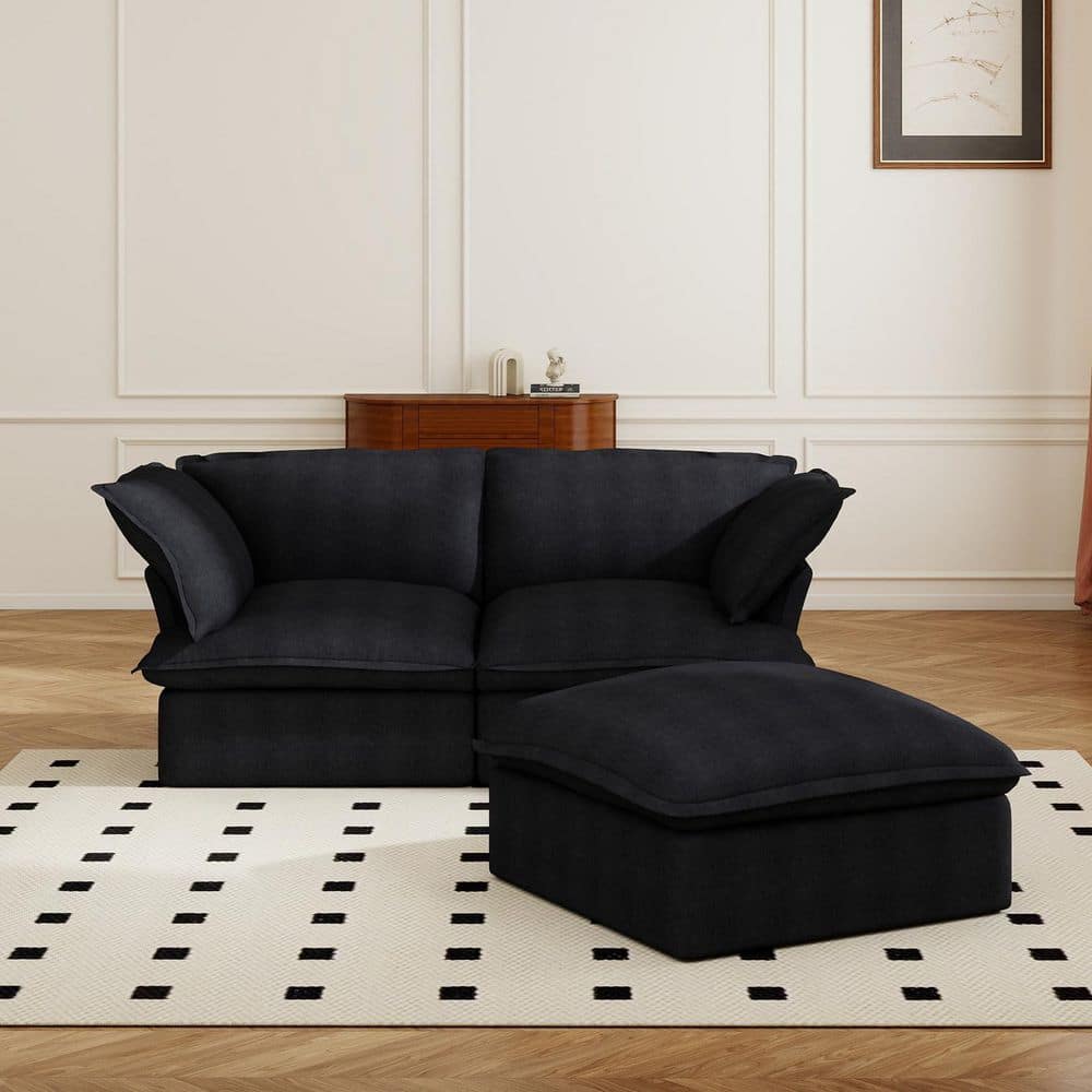 Oversized 83 in. Flared Arm Breathable Linen Modular Cloud Sofa Loveseat with Washable Covers, Ottoman in Black for Home price history on PriceWatchPro