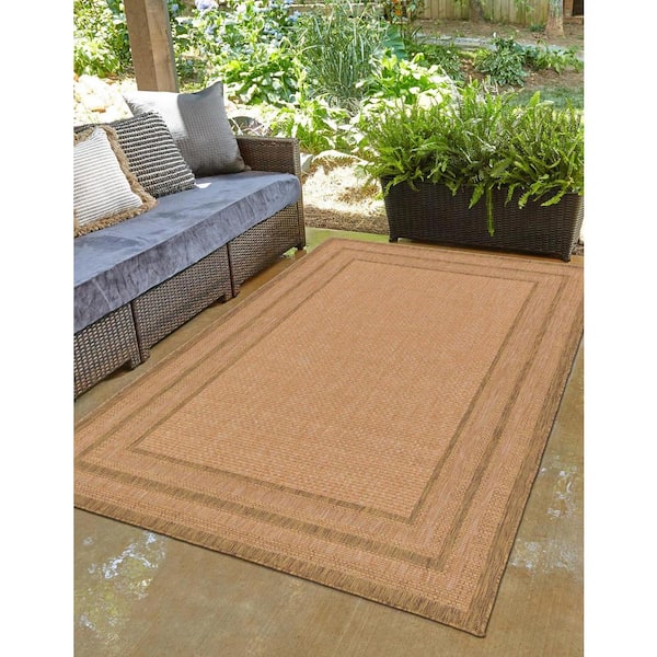 Outdoor Multi Border Light Brown 5' 3 x 8' 0 Area Rug