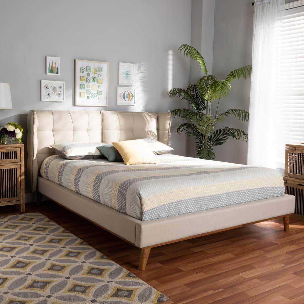 Gretchen King-Size Light Beige Wingback Platform Bed with Tufted Headboard