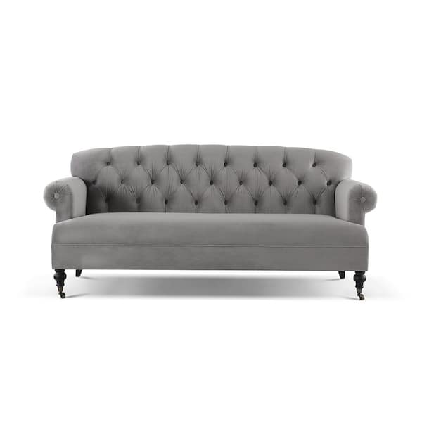Jennifer Taylor Mackenzie 79 in. Opal Grey Velvet 3-Seater English Rolled Arm Sofa with Metal Casters