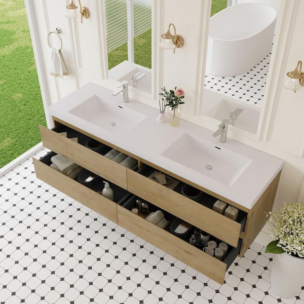 72 in. W x 20 in. D x 22 in. H Double Sink Floating Bath Vanity in Natural Oak with Glossy White Solid Surface Top