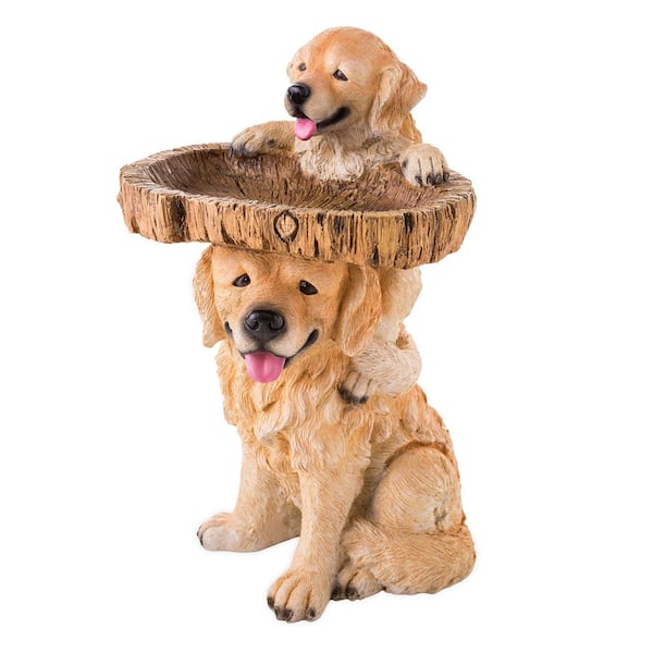 22 in. Tan Resin Playful Puppies Birdbath Statue