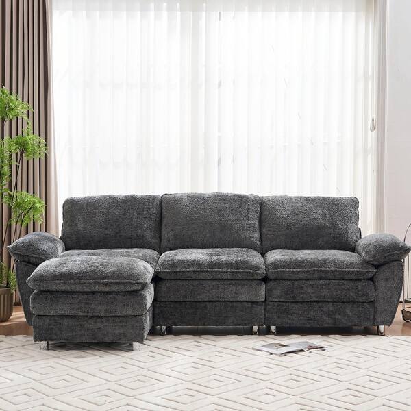 101.6 in Wide Pillow Top Arm Polyester L-Shaped Modern Upholstered Modular Sectional Sofa in Gray