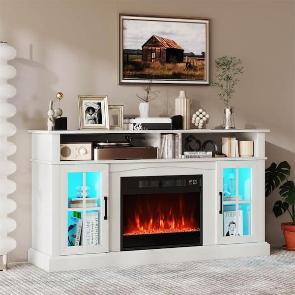58 in. Freestanding Wooden Smart Electric Fireplace TV Stand in White with LED Lights