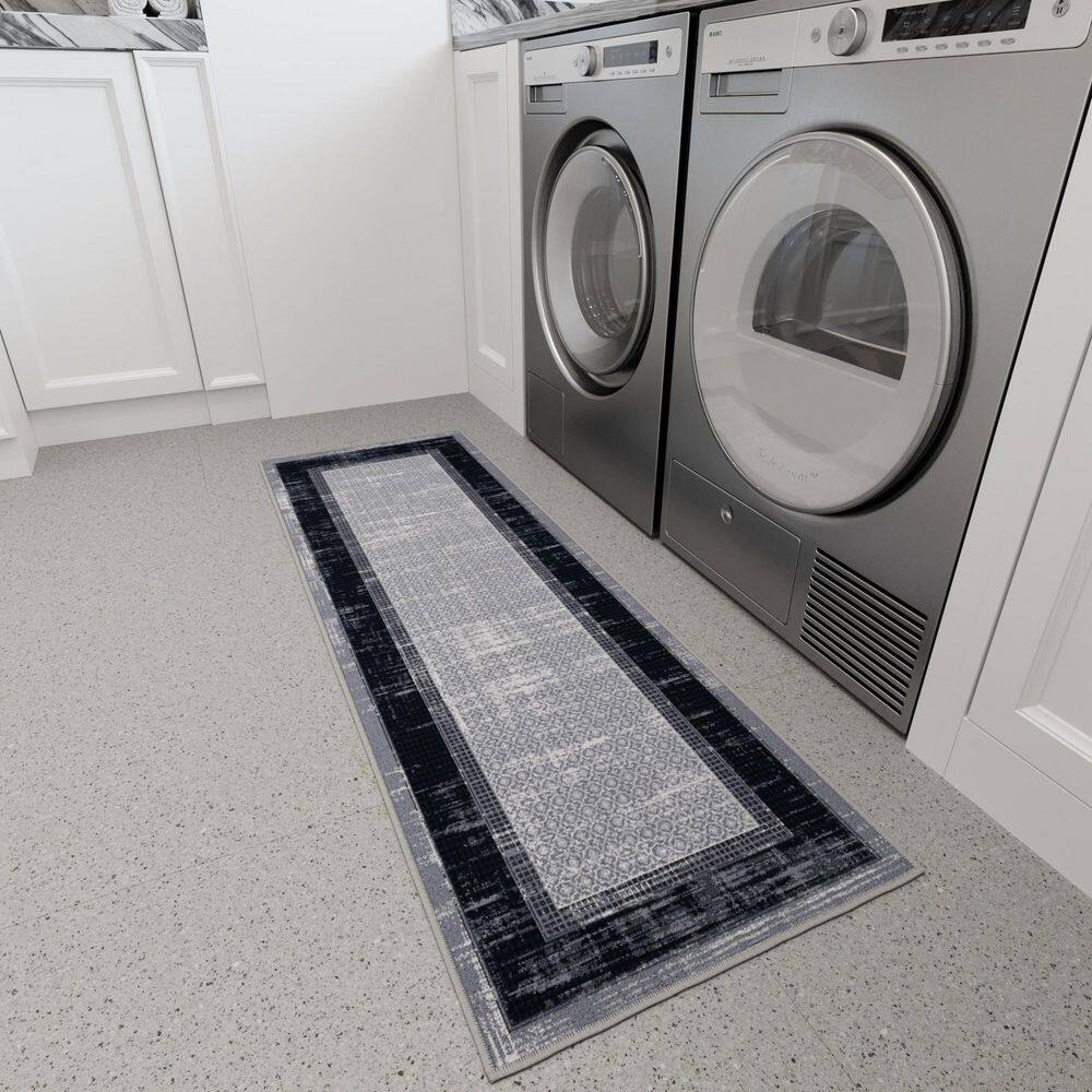 Gray and Black Non-Slip Synthetic Hallway Runner Rug