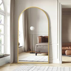 39 in. W. x 67 in. H Full Length Arched Free Standing Body Mirror, Metal Framed Wall Mirror, Large Floor Mirror in Gold