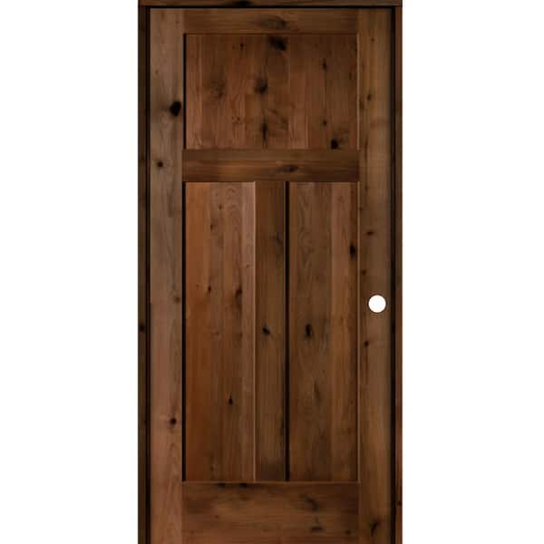 Krosswood Doors 24 in. x 80 in. Craftsman Knotty Alder 3-Panel Left-Handed Provincial Stain Solid Wood Single Prehung Interior Door