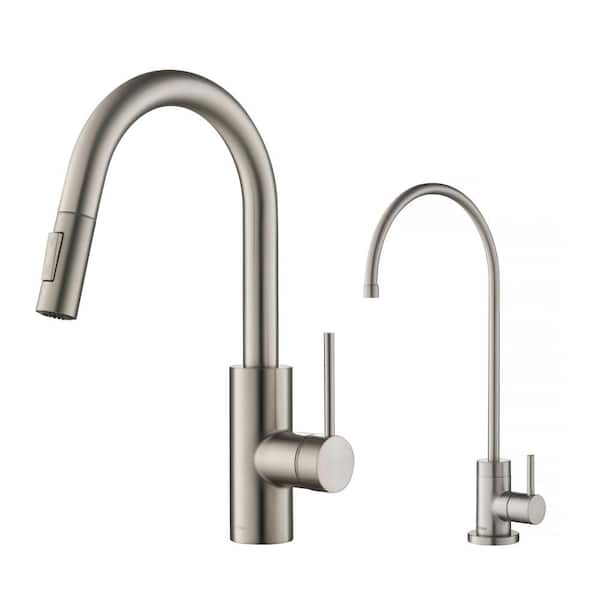 KRAUS Oletto Single-Handle Pull-Down Kitchen Faucet and Purita Beverage Faucet Faucet in Spot Free Stainless Steel