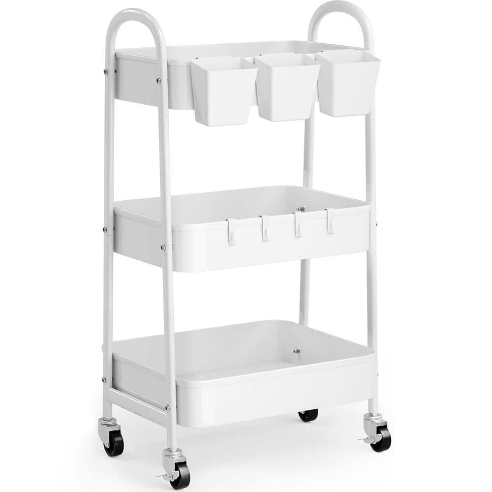 Multifunctional White 3 Tier Rolling Metal Mesh Utility Cart with Handle and Lockable Wheels