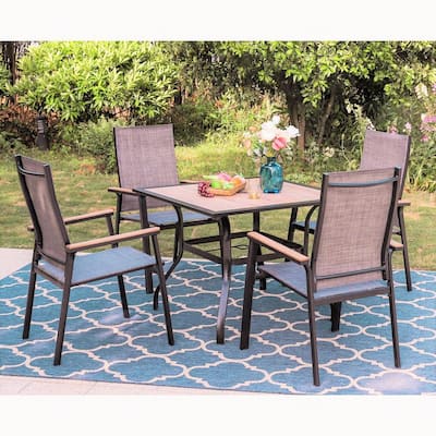 Black 5-Piece Metal Outdoor Patio Dining Set with Wood-Look Square Table and Stackable Aluminum Chairs
