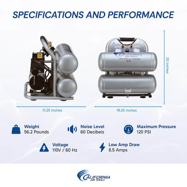4610S Ultra Quiet and Oil-Free 1.0 HP, 4.6 Gal. Steel Twin Tank Electric Portable Air Compressor