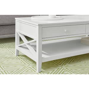 Oakley 48 in. White Large Rectangle Wood Coffee Table with 2-Drawers