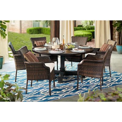 Grayson 7-Piece Brown Wicker Outdoor Patio Dining Set with CushionGuard Almond Tan Cushions