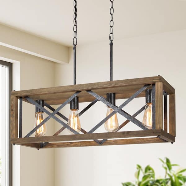 Modern Farmhouse Wood Chandelier 4-Light Black Cage Rectangle Island Chandelier for Kitchen Dining Room