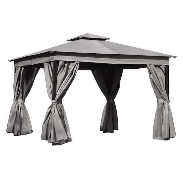 10 ft. x 12 ft. Outdoor Grey Patio Steel Gazebo Tent with Double Roofs and Mosquito Netting for Backyard Lawn and Deck