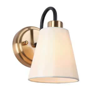 Modern Classic 1-Light Plated Brass and Black Wall Sconce with White Cone Fabric Shade