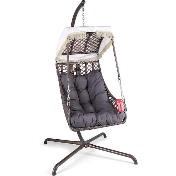 Cesicia Metal Outdoor Recliner Swing Egg Chair with Sunshade Cloth and Black Cushion