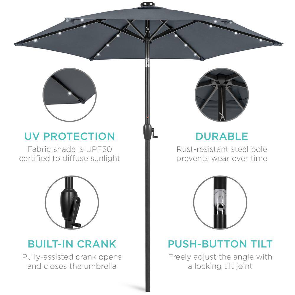 Slate 7.5ft Outdoor Solar Patio Umbrella with LED Lights and Steel Frame
