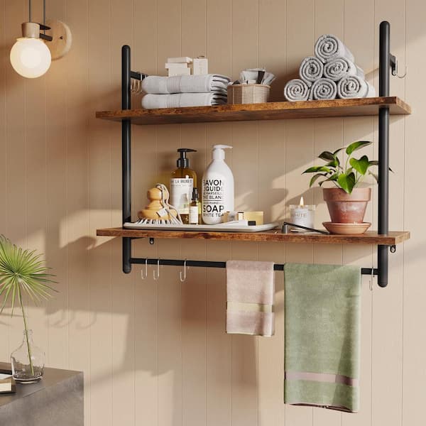 Rustic 3-Tier Wall Mounted Brown Wood Bathroom Shelves w/Hanging Hand Towel  Bar