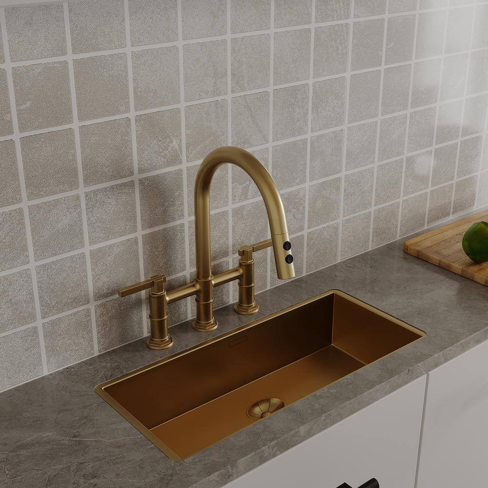 Brushed Gold Double Handle Bridge Kitchen Faucet with 360 Degree Swivel Spout