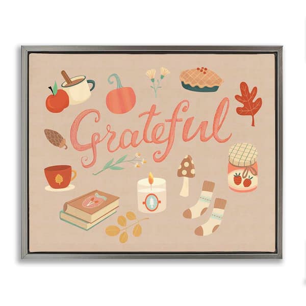Stupell Industries Grateful Cozy Fall Essentials by Laura Watson Gray Floater Frame Typography Graphic Art Print 17 in. x 21 in.