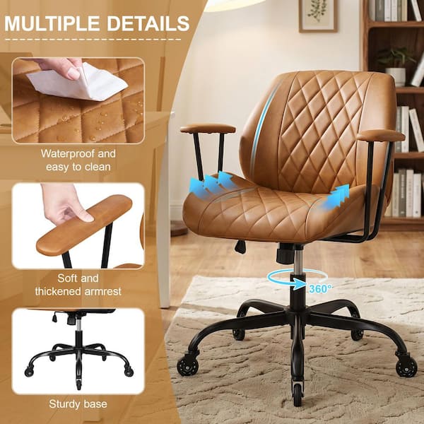 Vintage Faux Leather Ergonomic Task Chair in Caramel Brown with Arms, Adjustable Height Swivel Office Chair with Wheels