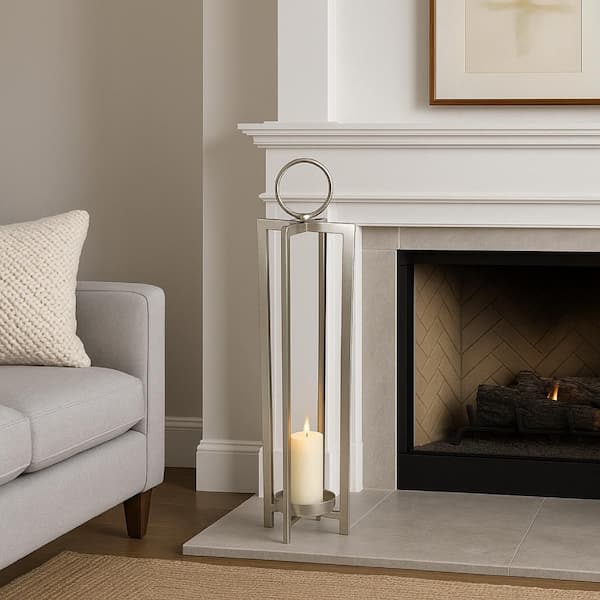 Siana 30.5 in. W x 10 in. H Classic Silver Finished Metal Lantern Candle Holder without Candle