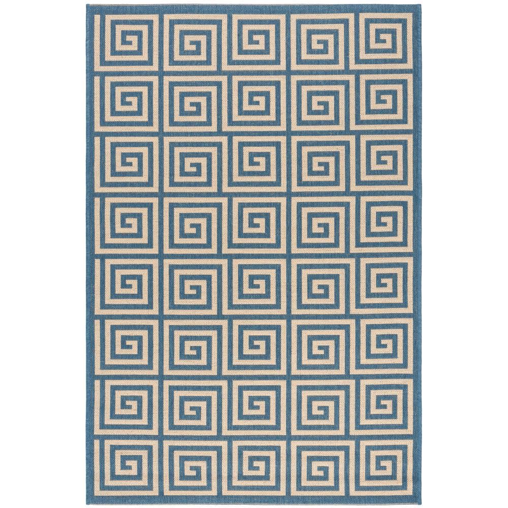 Cream and Blue Geometric 3' x 5' Stain-Resistant Synthetic Rug